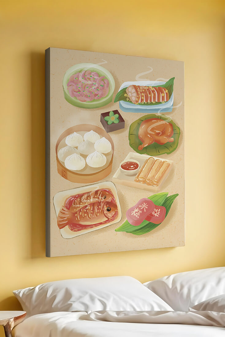 Colorful Representation of Asian Cuisine with Various Dishes