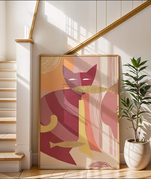 Abstract cat artwork with gold accents and colorful patterns