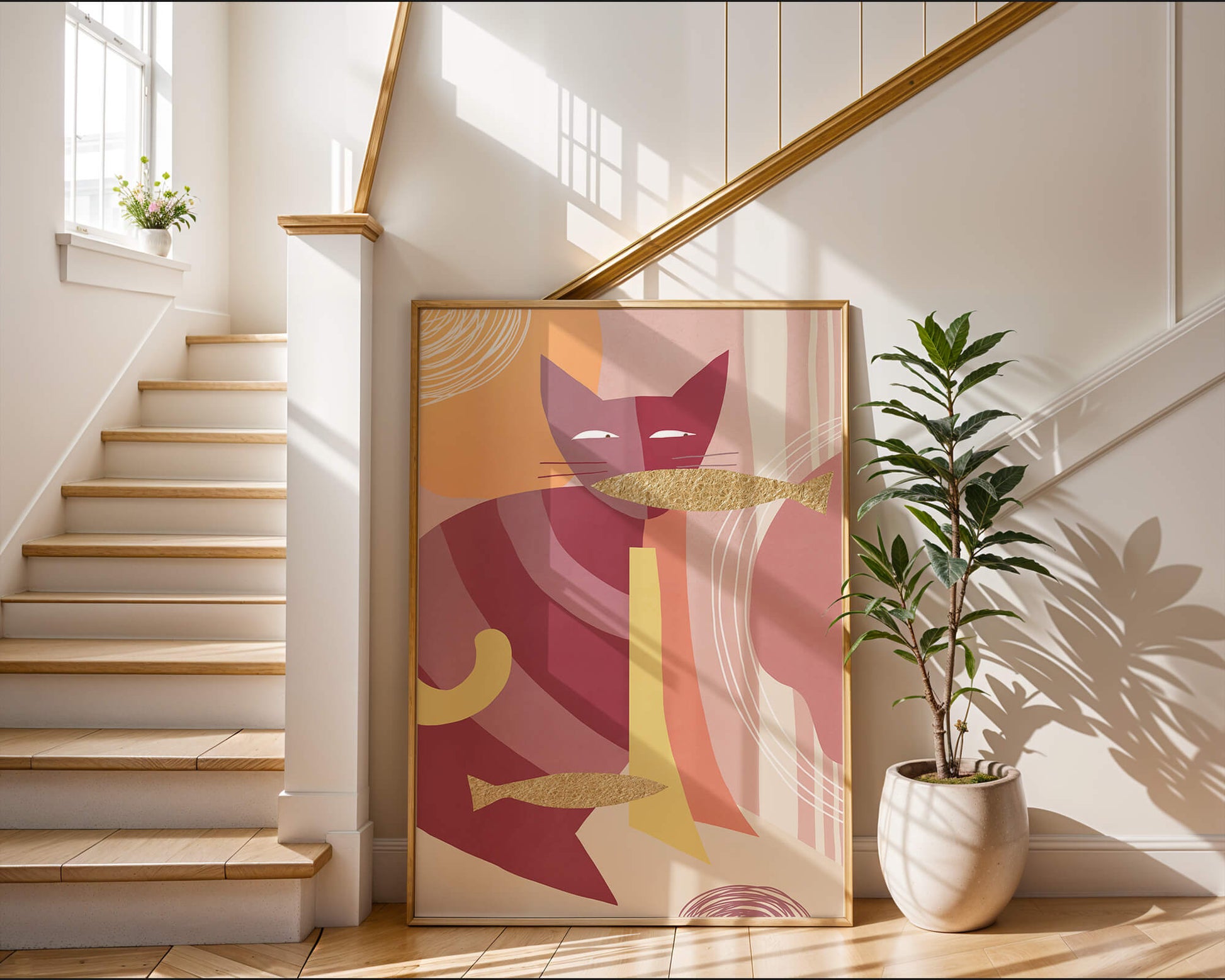 Abstract cat artwork with gold accents and colorful patterns