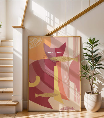 Abstract cat artwork with gold accents and colorful patterns