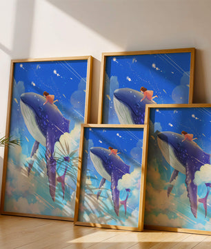 Illustration onirique d'une fille chevauchant une baleine à travers le ciel