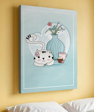 Cute Cat with Flowers, Cup, and Vase on Blue Background - Mi tienda