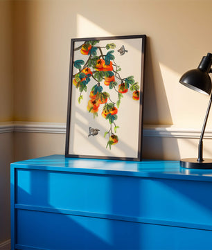 Branch with vibrant persimmons and birds illustration