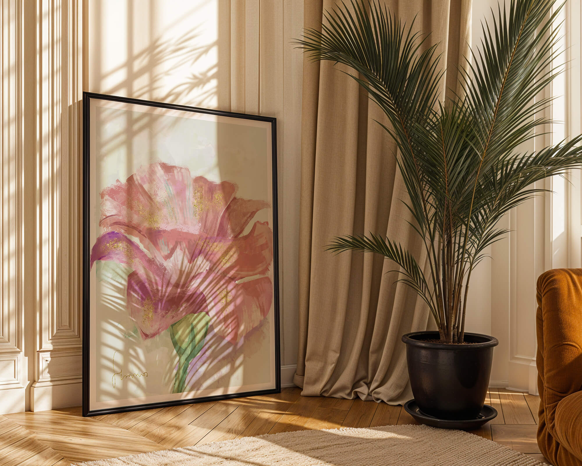 Vibrant pink flower with golden accents in abstract style