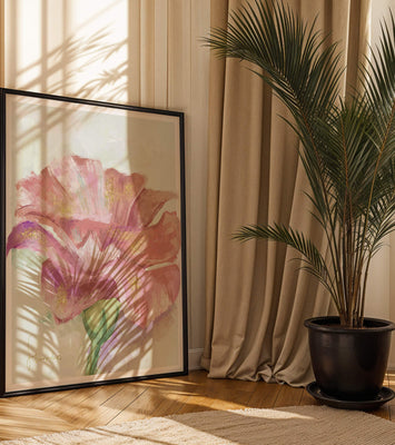 Vibrant pink flower with golden accents in abstract style