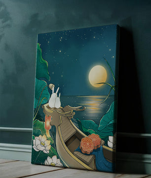 Ilustración serena de conejos contemplando una luna brillante sobre un lago tranquilo