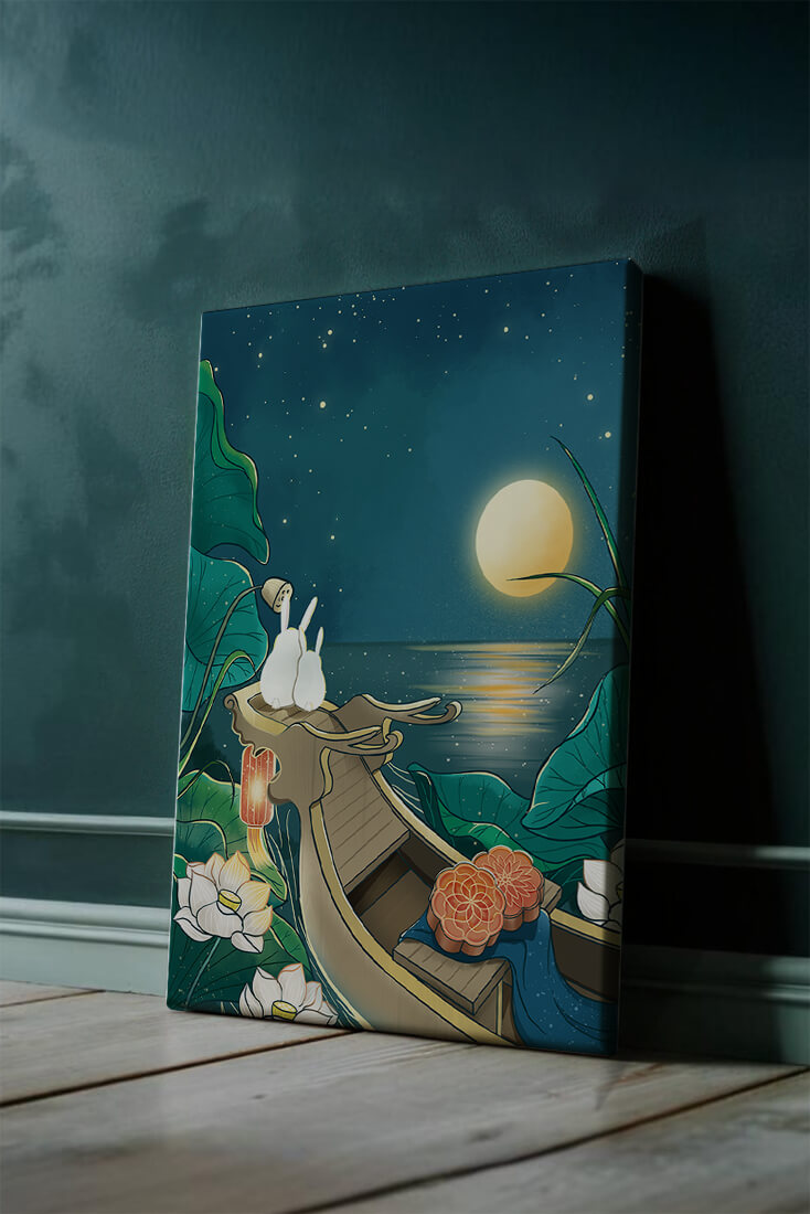 Serene illustration of rabbits gazing at a bright moon on a tranquil lake