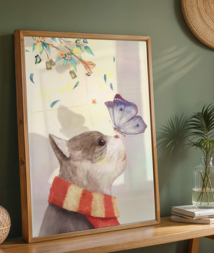Cat Staring at Butterfly with Floral Elements - Mi tienda