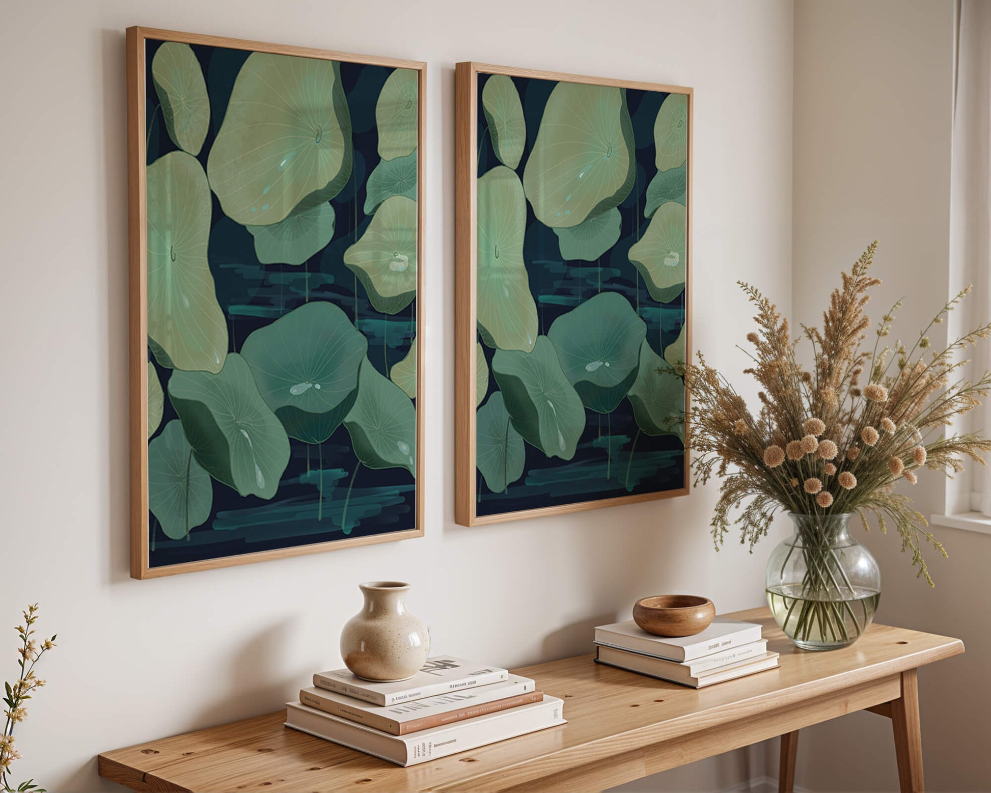 Green lily pads on a dark water background illustration