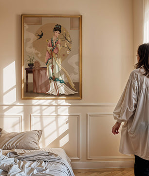 Elegante traditionelle asiatische Dame in klassischer Kleidung mit Naturelementen