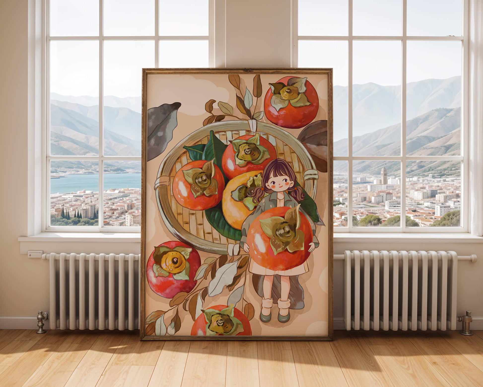 Joven sosteniendo un dátil en una escena de cosecha caprichosa