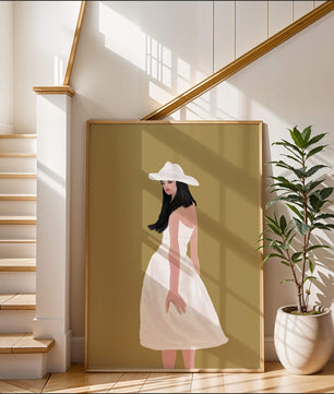 Woman in a white dress and hat on a gold background