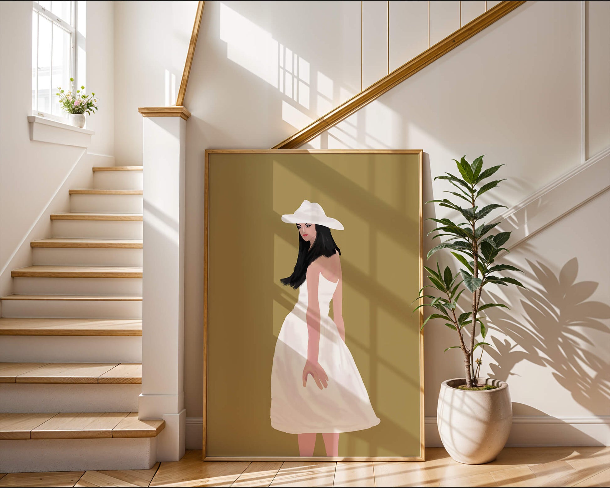 Woman in a white dress and hat on a gold background