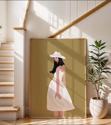 Woman in a white dress and hat on a gold background