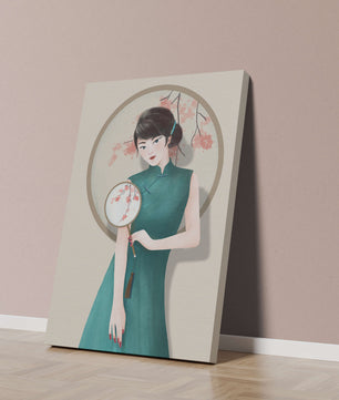 Elegante Illustration einer Frau in traditioneller Kleidung mit einem Fächer mit Kirschblüten