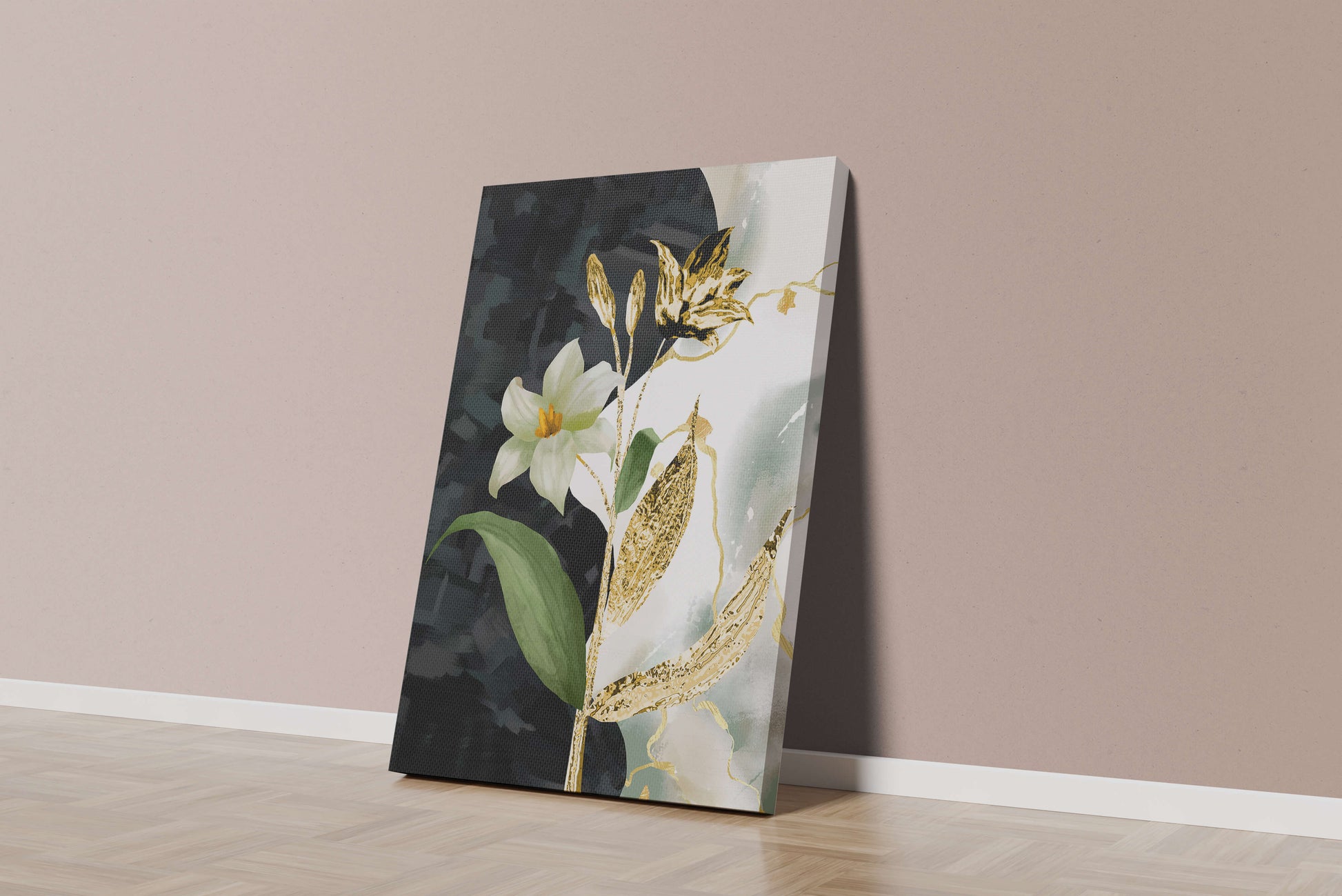 Diseño floral abstracto con detalles dorados y oscuros