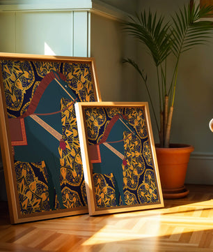Stilisierte Pferdeillustration auf kompliziertem goldenem Musterhintergrund