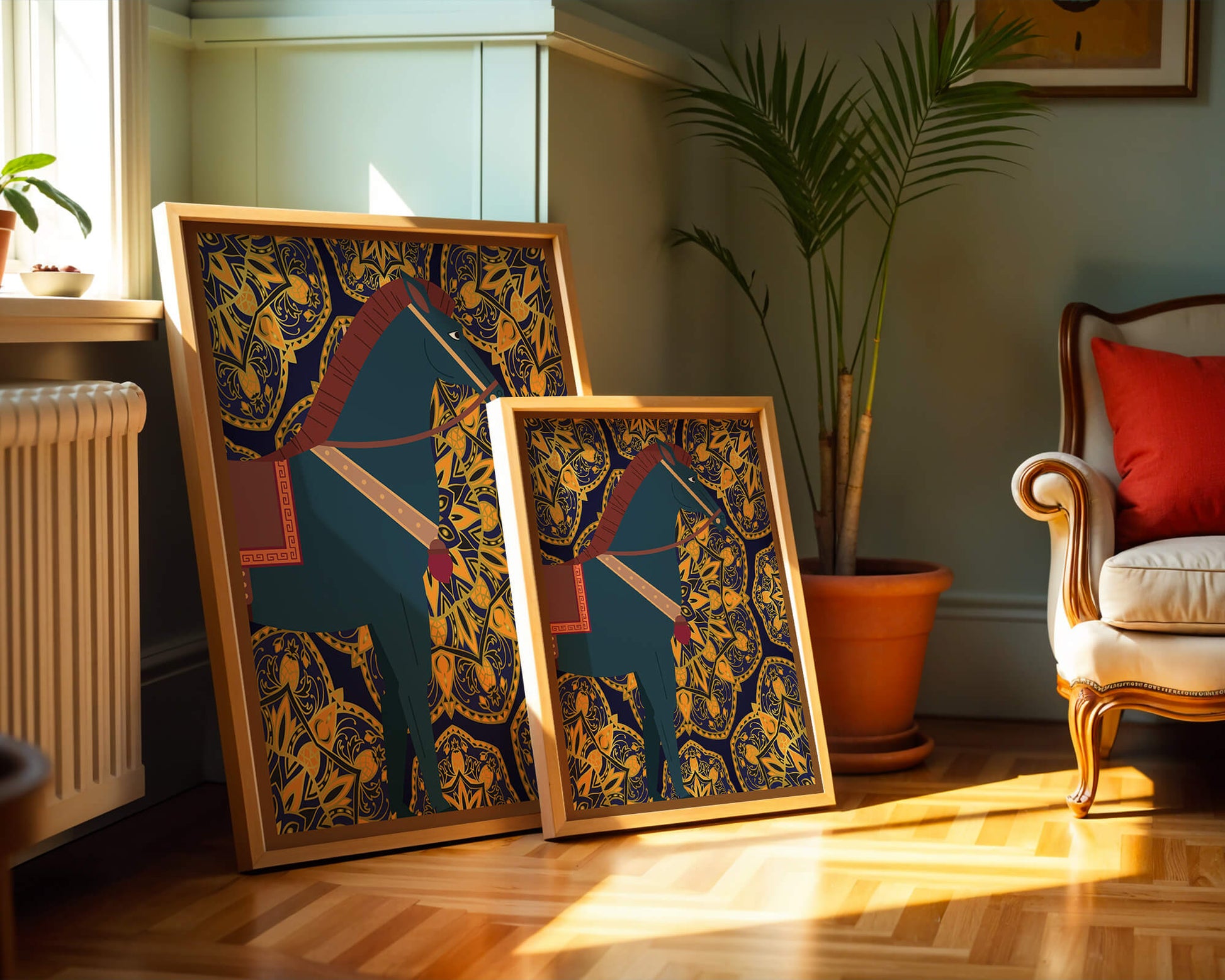 Stylized horse illustration on intricate golden pattern background
