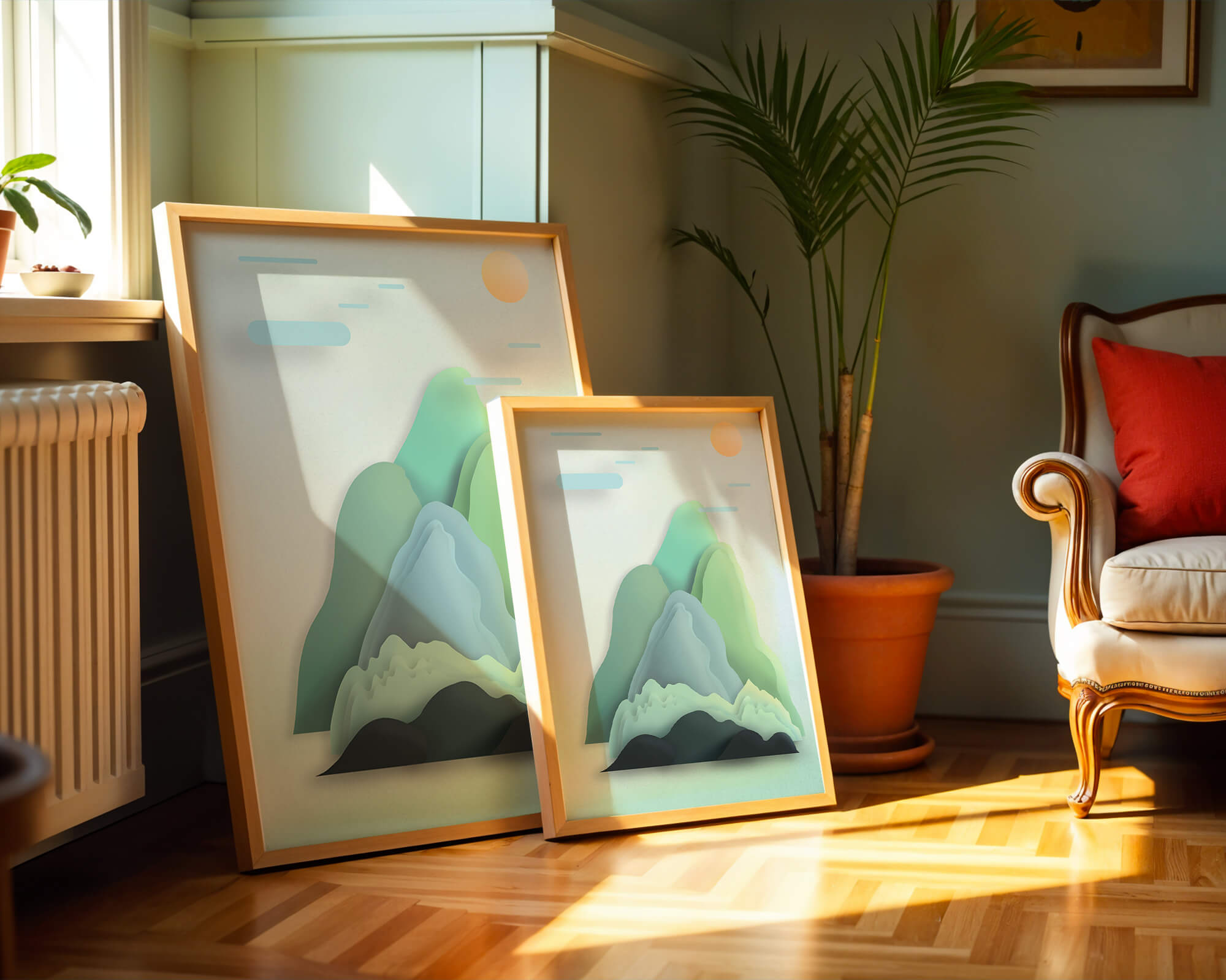 Minimalistic mountain landscape with vibrant colors and abstract layers