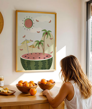 Summer Paradise with Watermelon Sun and Palms in Surreal Landscape