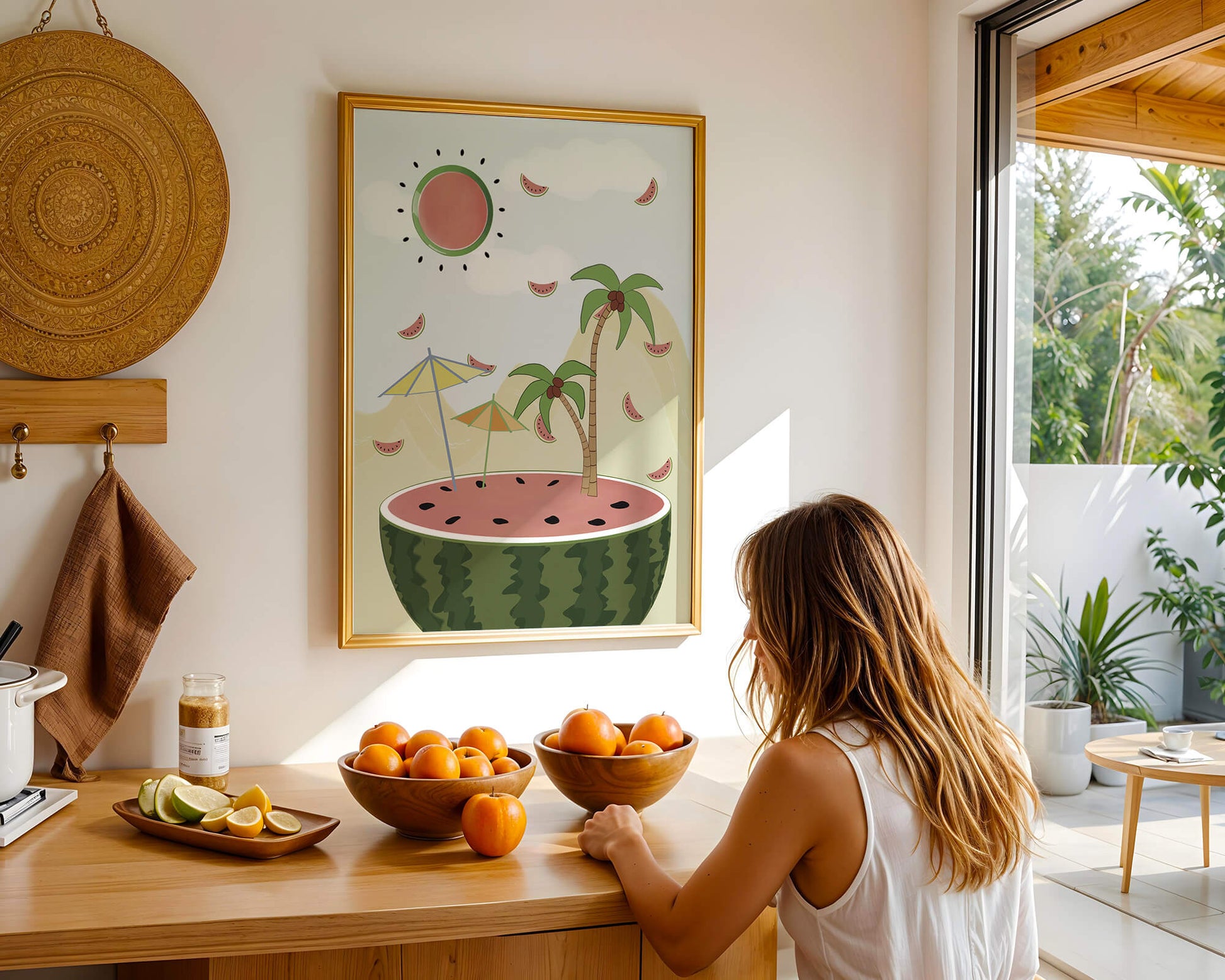 Summer Paradise with Watermelon Sun and Palms in Surreal Landscape