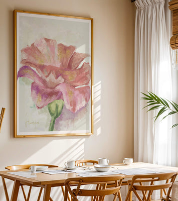 Vibrant pink flower with golden accents in abstract style