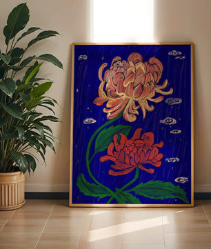 Colorful chrysanthemum illustration on dark blue background