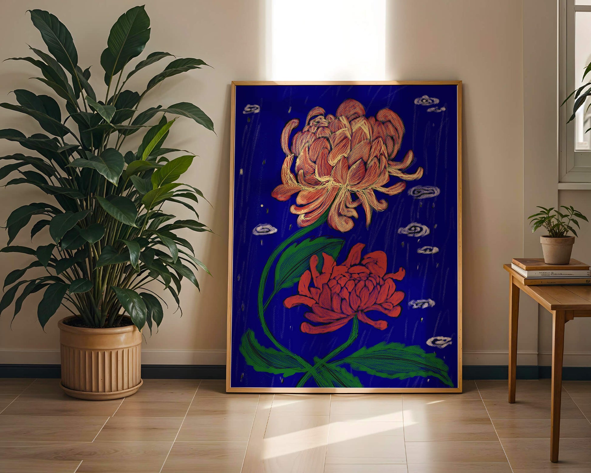 Colorful chrysanthemum illustration on dark blue background