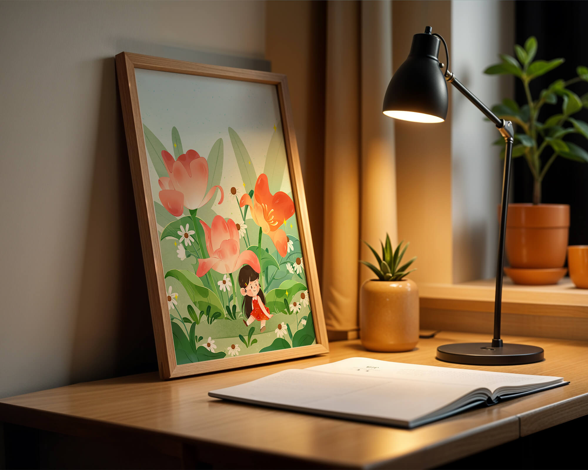 Charming floral garden with whimsical child illustration