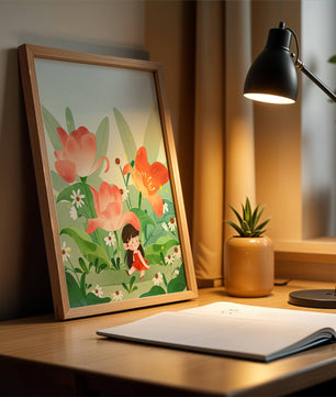 Encantador jardín floral con ilustración de niño caprichoso