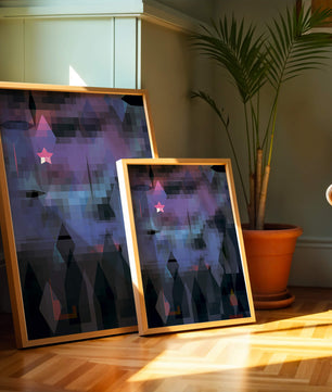 Geometrische abstrakte Kunst in lebhaften Blau- und Lilatönen