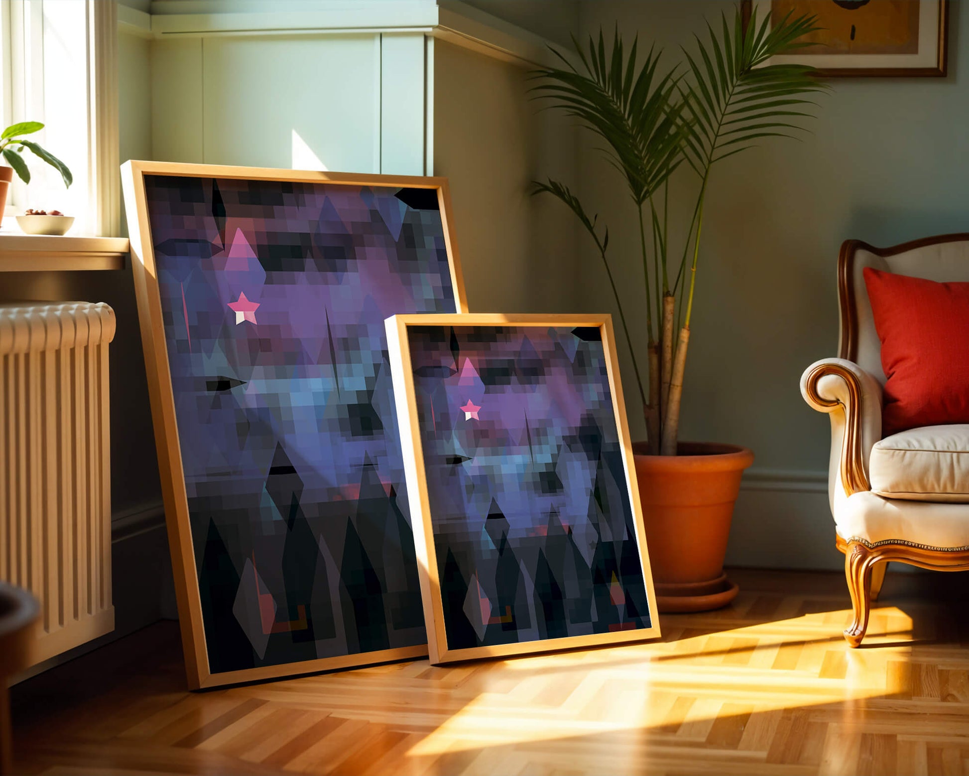 Geometrische abstrakte Kunst in lebhaften Blau- und Lilatönen