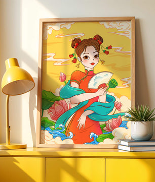 Ilustración oriental que presenta a una chica con atuendo tradicional, un abanico y flores de loto