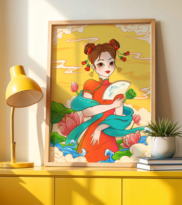 Oriental illustration featuring a girl in traditional attire with a fan and lotus flowers