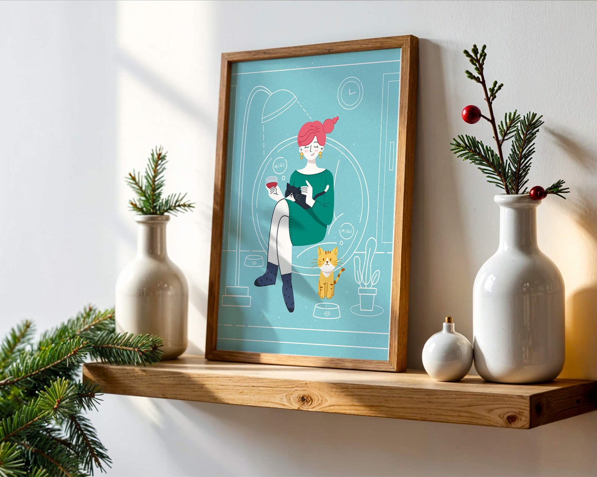 Acogedora velada con gatos en una sala de estar escandinava