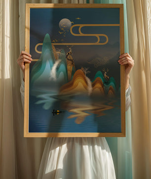 Paisaje abstracto con ciervo dorado y montañas en capas en una serena escena nocturna