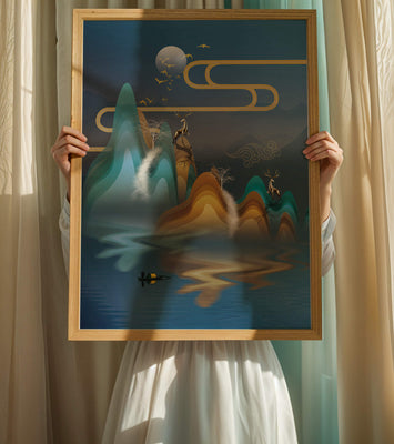 Abstract landscape with golden deer and layered mountains in serene night scene