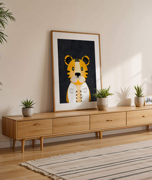 Illustration of cute cartoon tiger character in stylish outfit on dark background