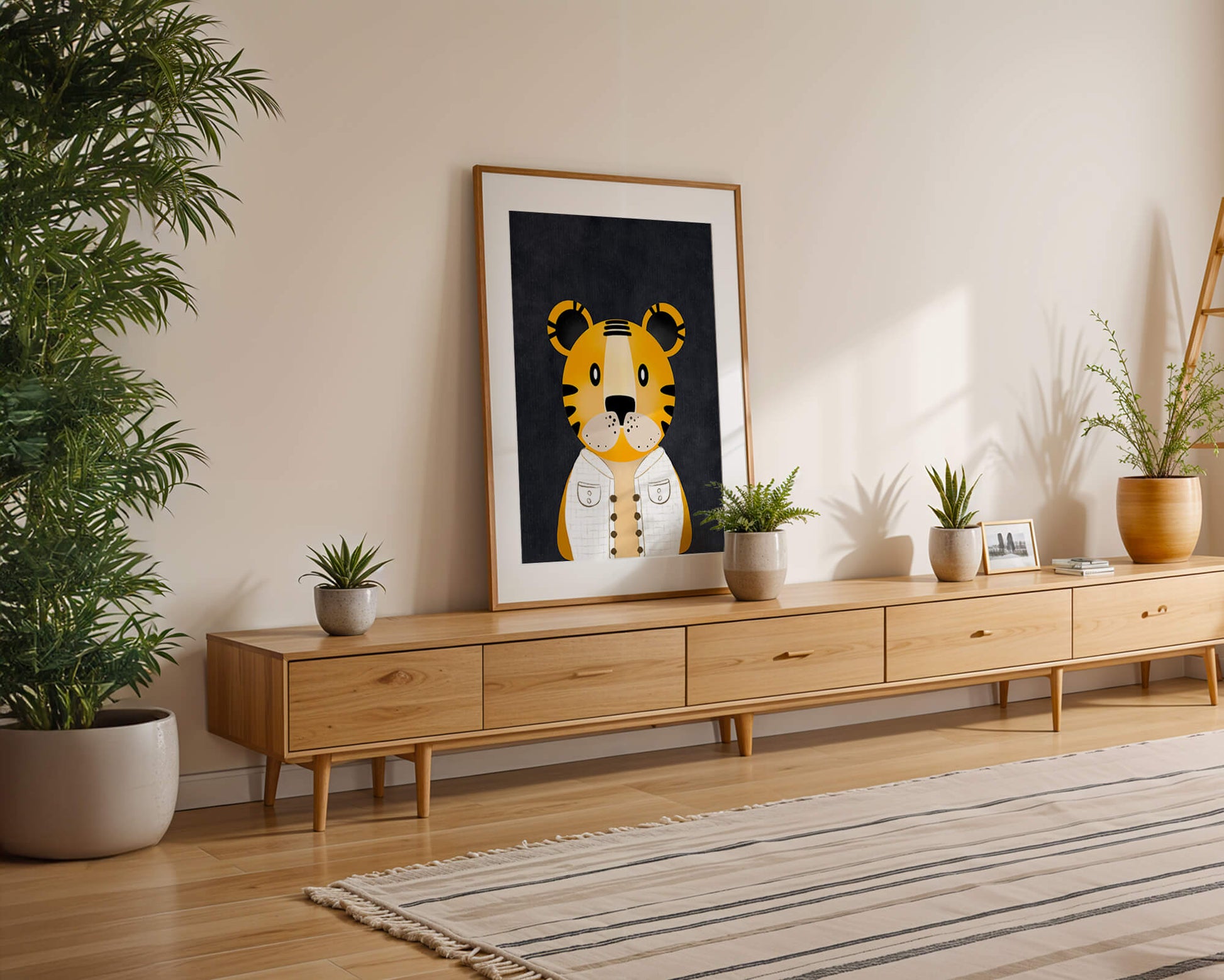 Illustration of cute cartoon tiger character in stylish outfit on dark background