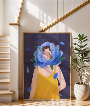 Illustration of woman with blue flower head and yellow dress