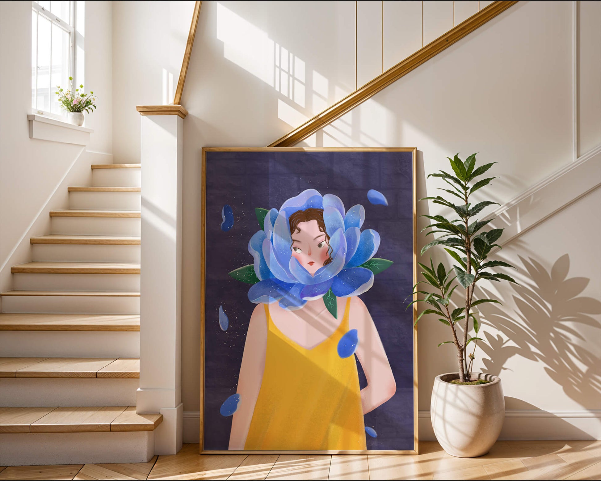 Illustration of woman with blue flower head and yellow dress