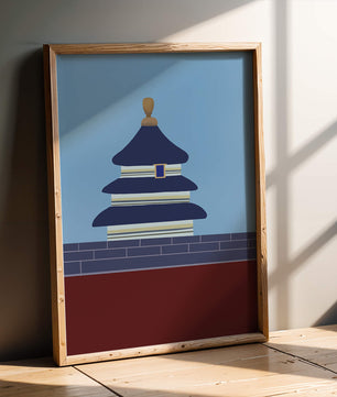 Ilustración abstracta del Templo del Cielo con detalles azules y dorados