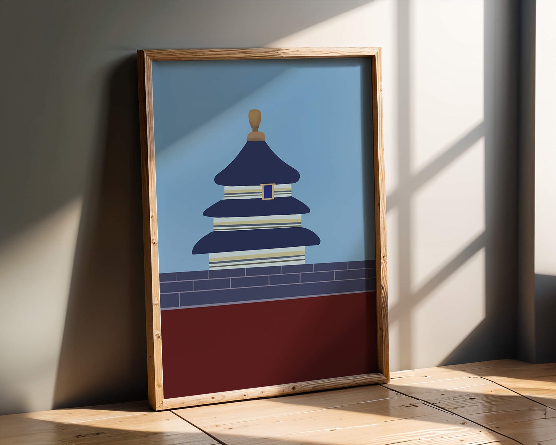 Ilustración abstracta del Templo del Cielo con detalles azules y dorados