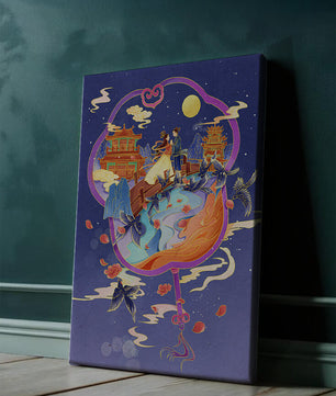 Escena nocturna oriental romántica con pareja y pagodas bajo la luz de la luna