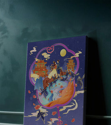 Romantic oriental night scene with couple and pagodas under moonlight