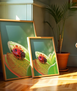 Ladybug on Leaf with Dew Drops in Serene Nature Setting - Mi tienda