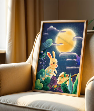 Charming illustration of rabbits under a full moon in a vibrant night garden