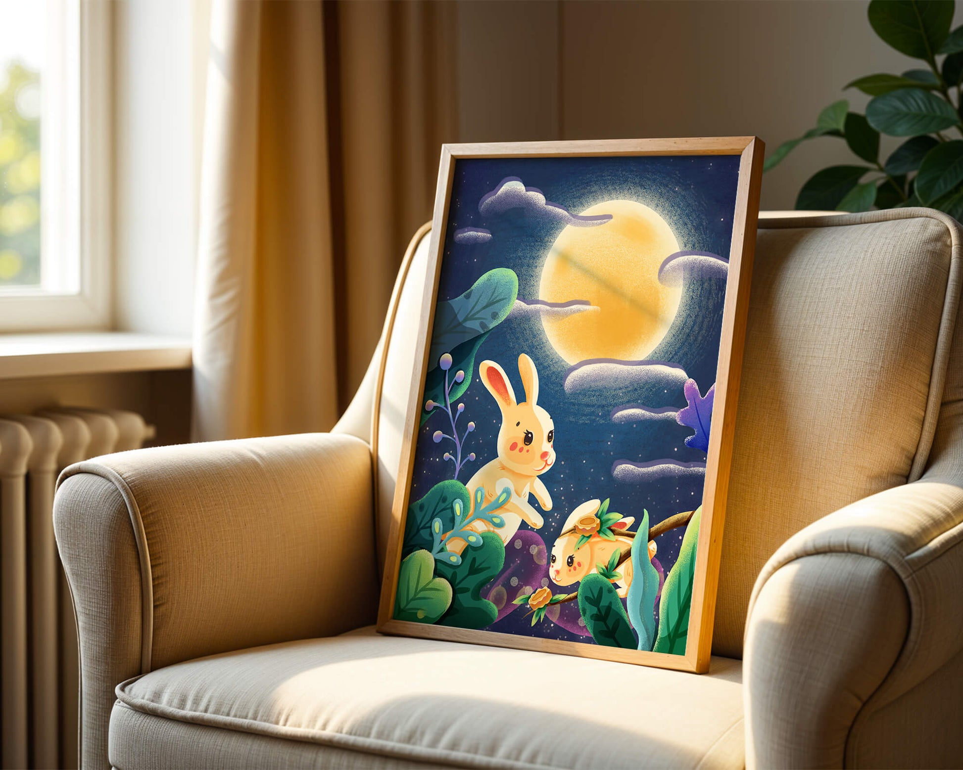 Charming illustration of rabbits under a full moon in a vibrant night garden