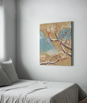 Traditional Japanese landscape with blooming cherry branches
