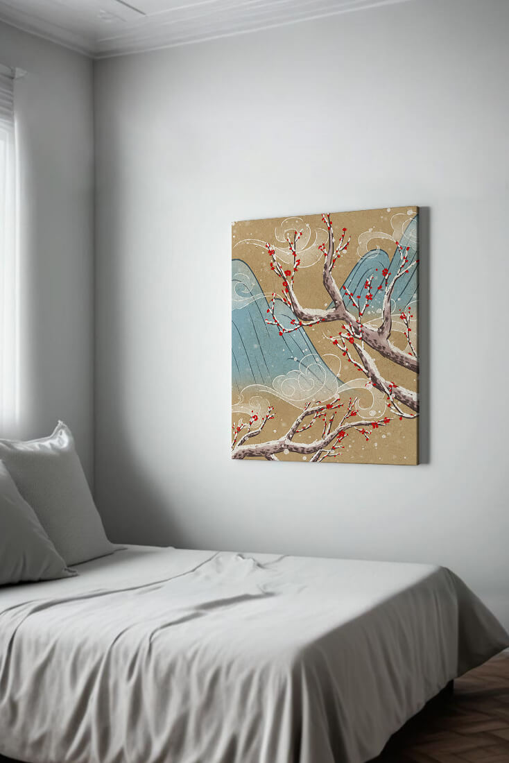 Traditional Japanese landscape with blooming cherry branches